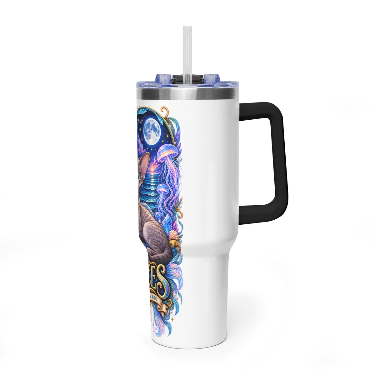 Pisces Devon Rex Cat 40oz Tumbler — Zodiac Vacuum Insulated Travel Cup