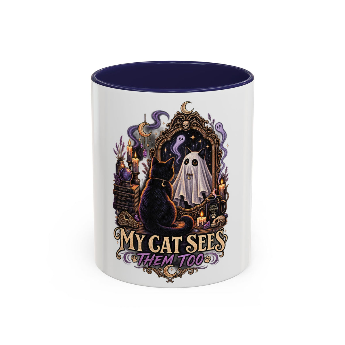 My Cat Sees Them Too Accent Coffee Mug – Halloween Cat & Ghost 11/15oz