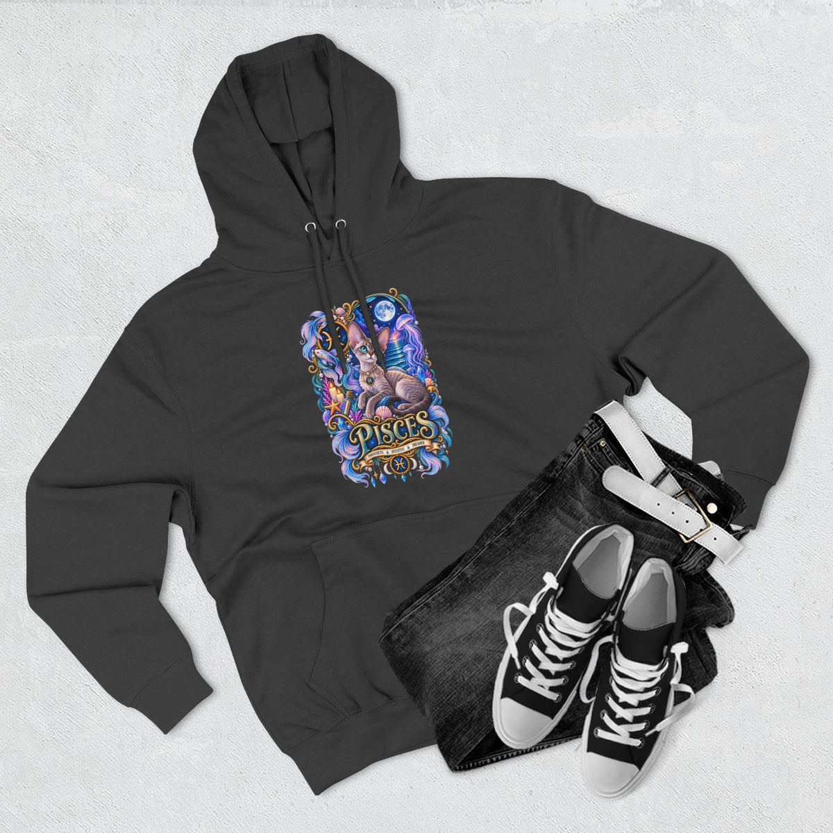 Pisces Zodiac Devon Rex Cat Hoodie — Mystical Watercolor Fish Astrology Pullover