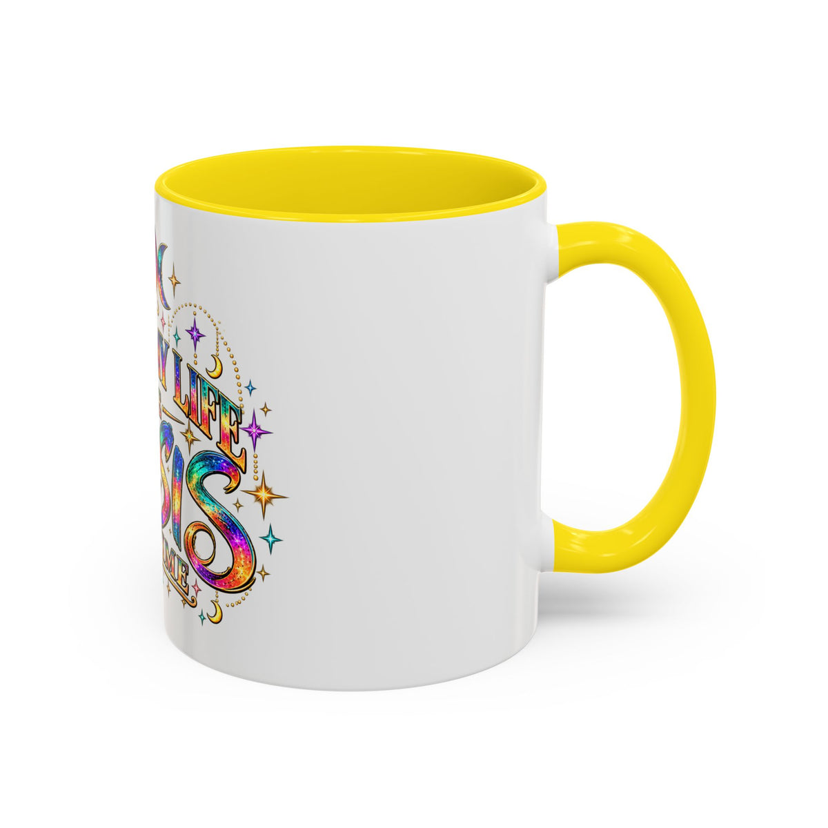 Coffee Mug — "Living My Life One Crisis at a Time" Colorful Boho Accent Mug (11/15oz)
