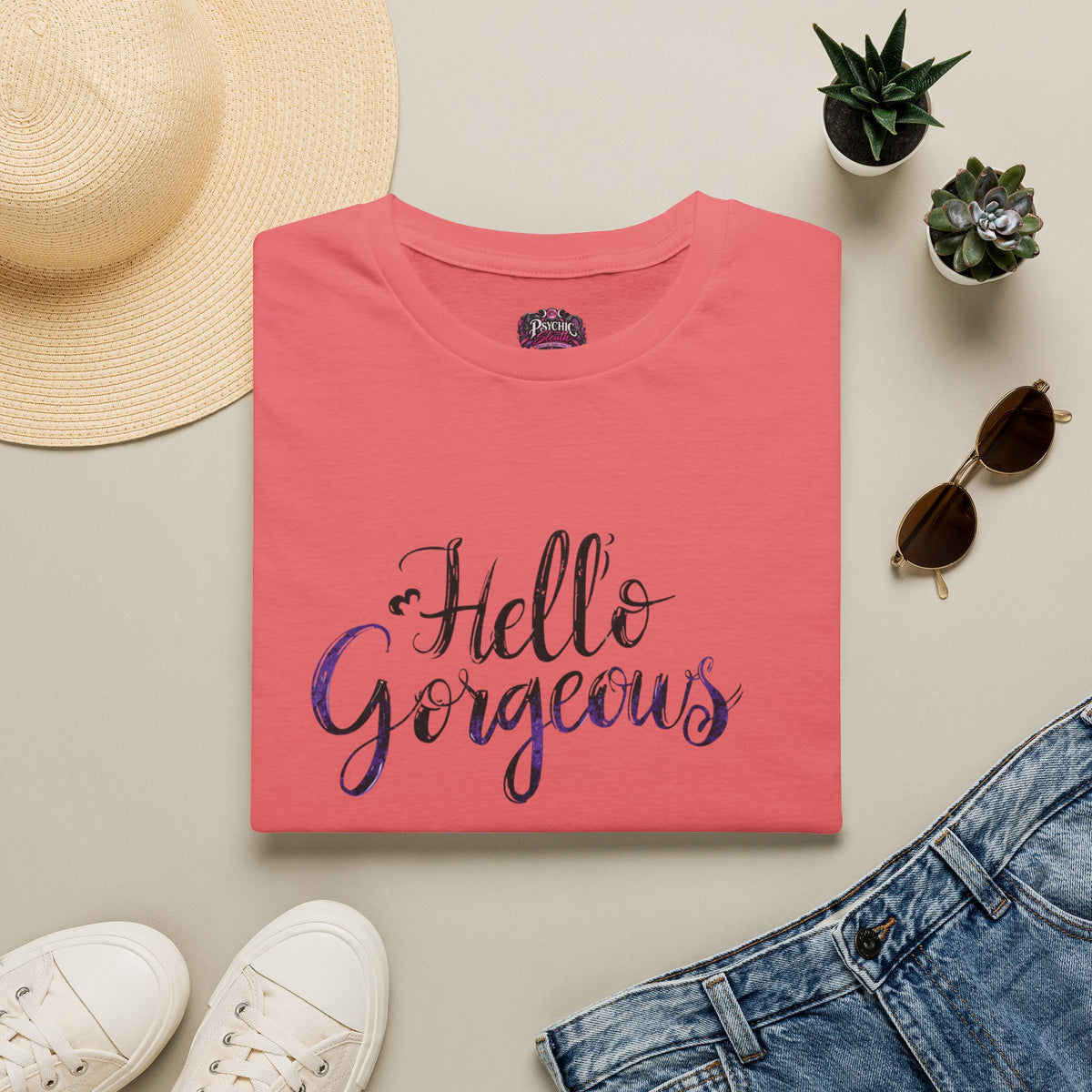 T-Shirt — "Hello Gorgeous" Purple Black Script Graphic Tee