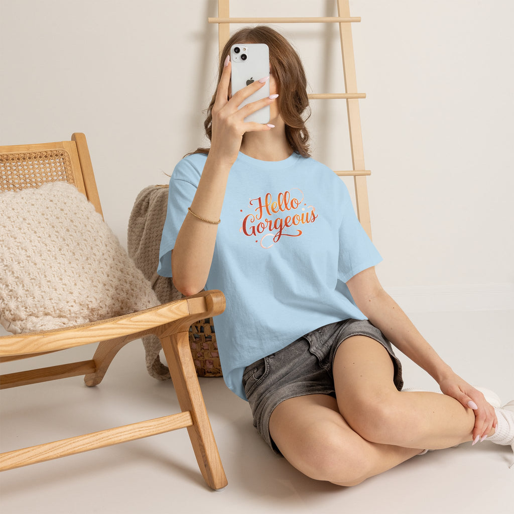 Hello Gorgeous Sunset T-Shirt — Feminine Script Graphic Tee