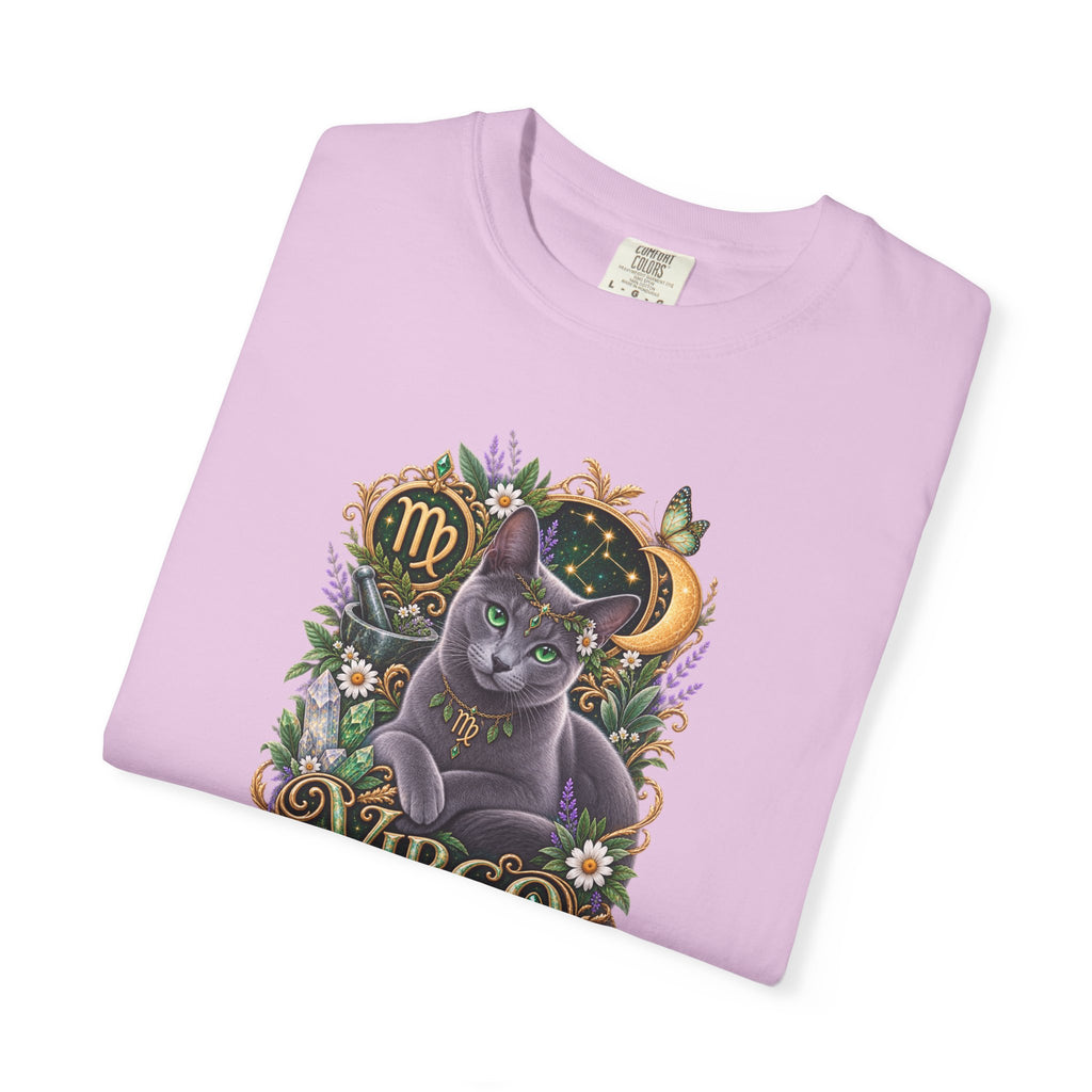 Virgo Cat Zodiac T-Shirt — Virgo Astrology Tee with Russian Blue & Floral Design