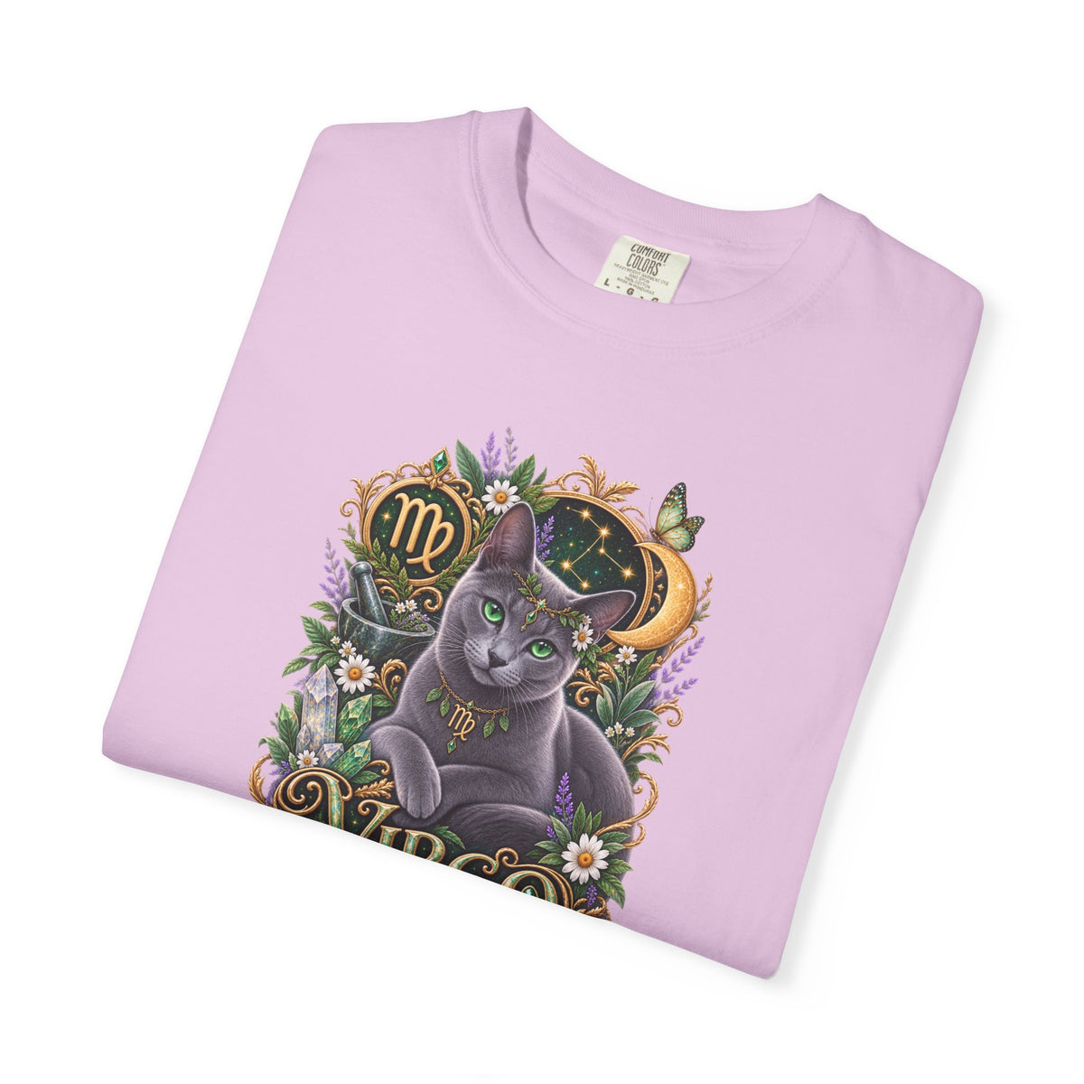 Virgo Cat Zodiac T-Shirt — Virgo Astrology Tee with Russian Blue & Floral Design