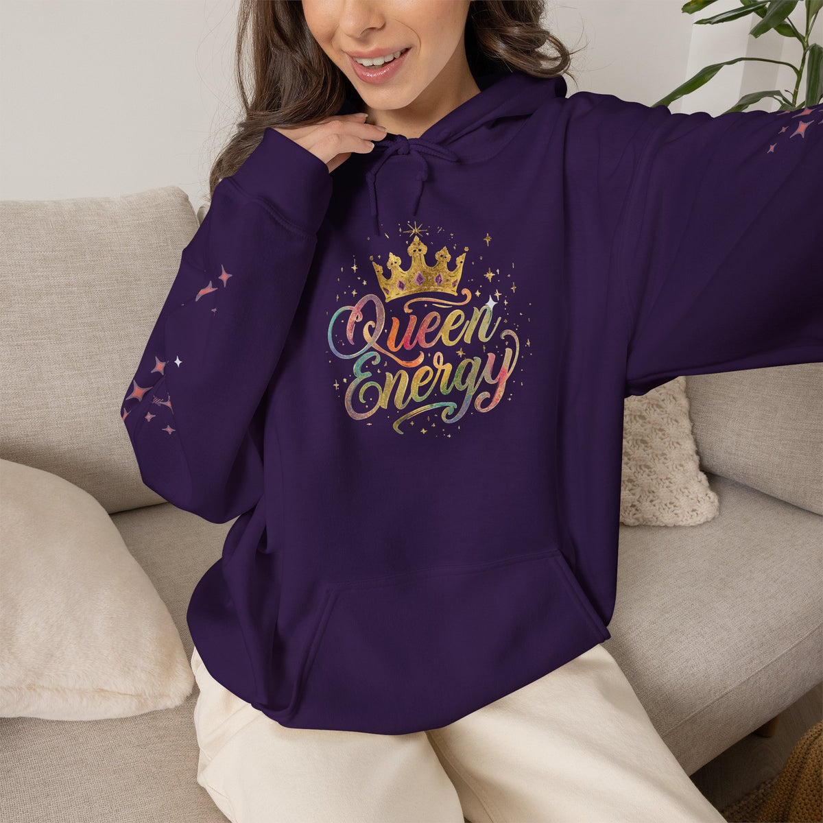 Queen Energy Hoodie — Feminine Crown Graphic Pullover with Star Sleeve Accents
