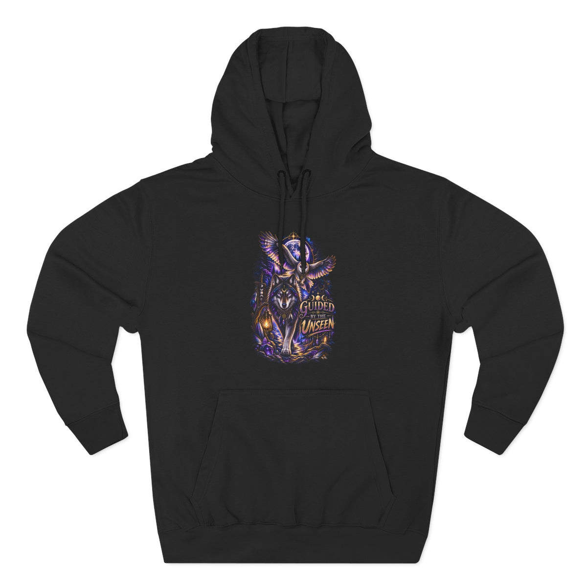 Witchy Owl and Wolf Fleece Hoodie - Mystical Night Forest Graphic- Guided by the Unseen