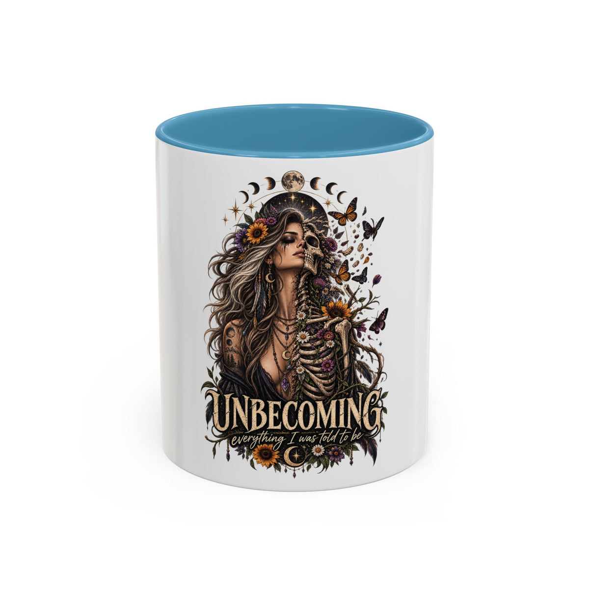 Unbecoming Empowerment Coffee Mug — Sunflowers Woman Skeleton & Moon Phases 11/15oz Accent Mug