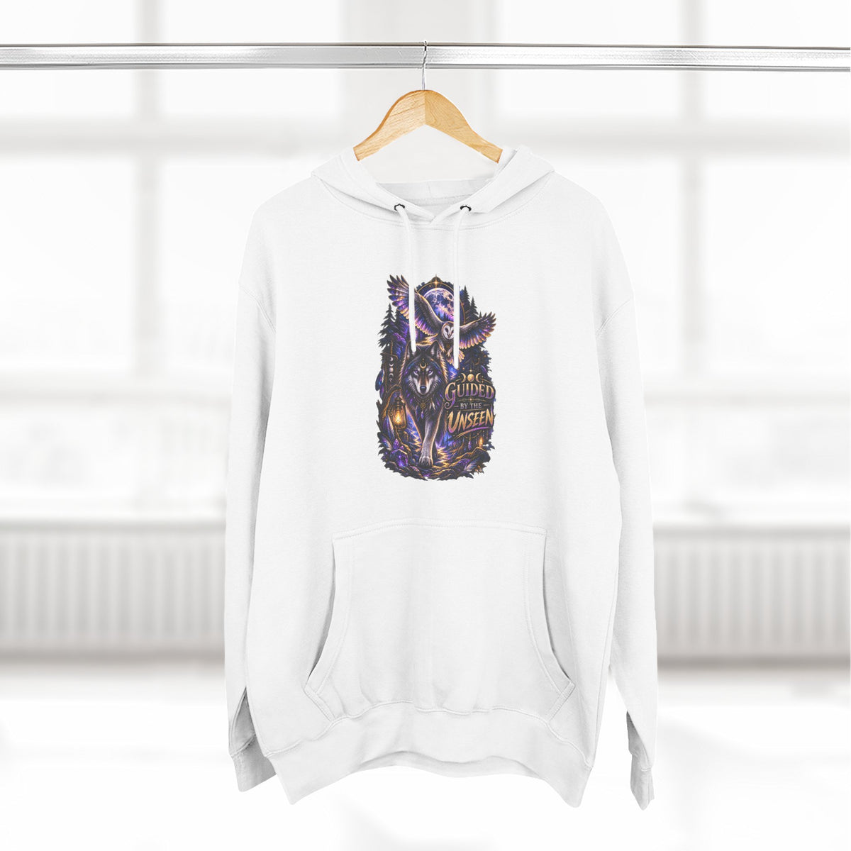 Witchy Owl and Wolf Fleece Hoodie - Mystical Night Forest Graphic- Guided by the Unseen