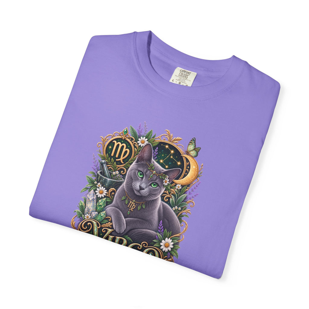 Virgo Cat Zodiac T-Shirt — Virgo Astrology Tee with Russian Blue & Floral Design