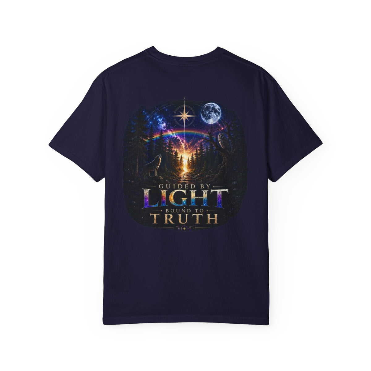 T-Shirt — "Guided by Light, Bound to Truth" Cosmic Forest Graphic