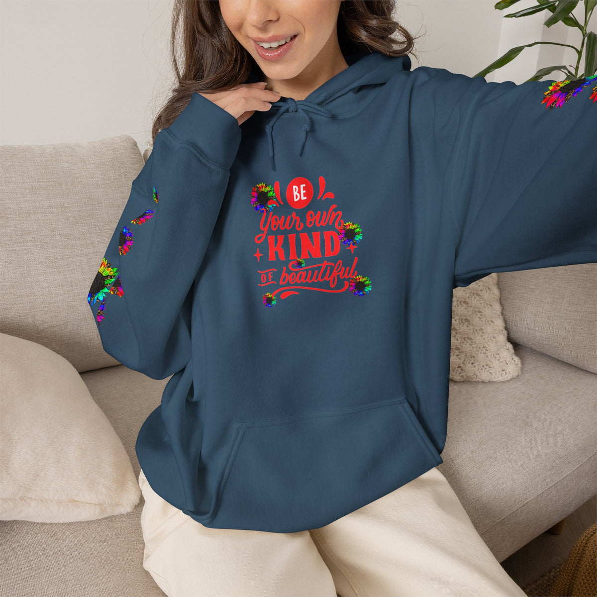 Inspirational Floral Hoodie – "Your Smile is Kind & Beautiful" Rainbow Sunflower Cozy Pullover
