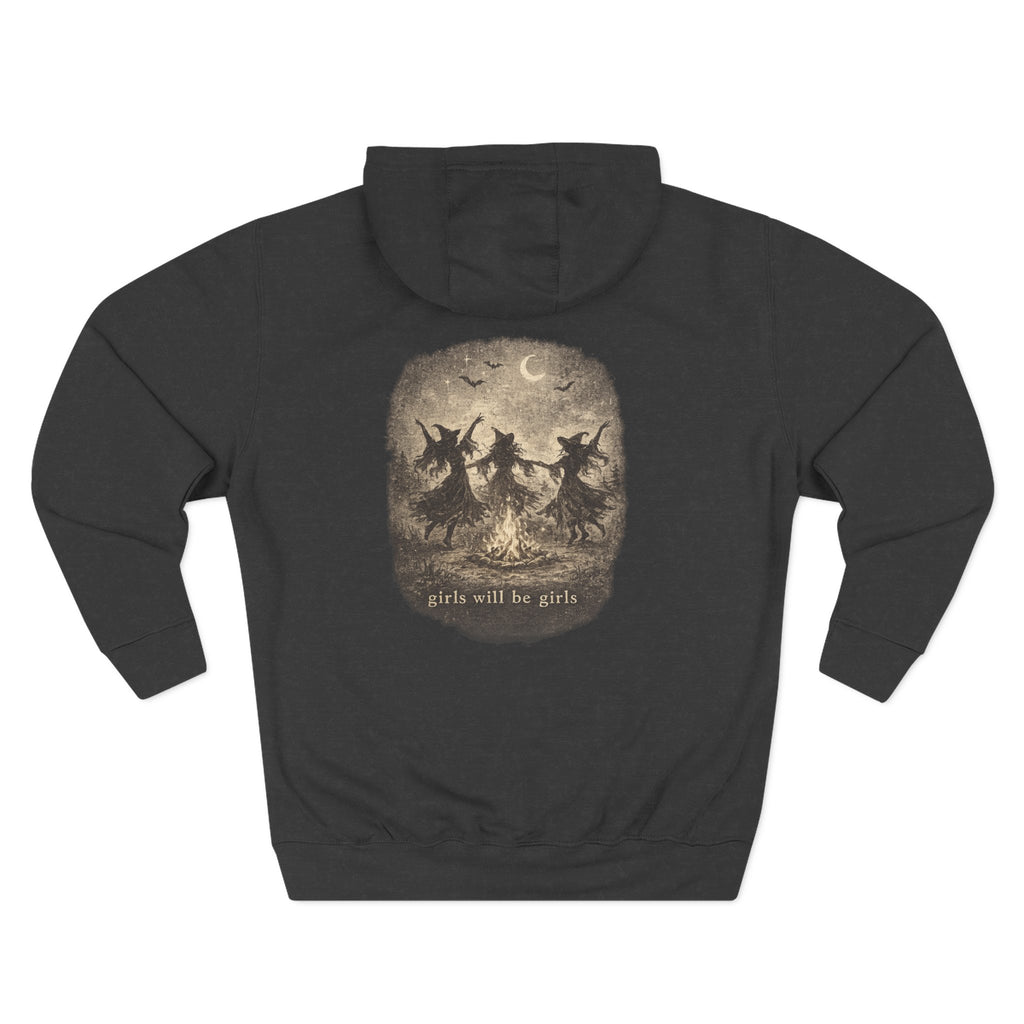 Witchy Trio Graphic Hoodie – 'Girls Will Be Girls' Vintage Moonback Sweatshirt