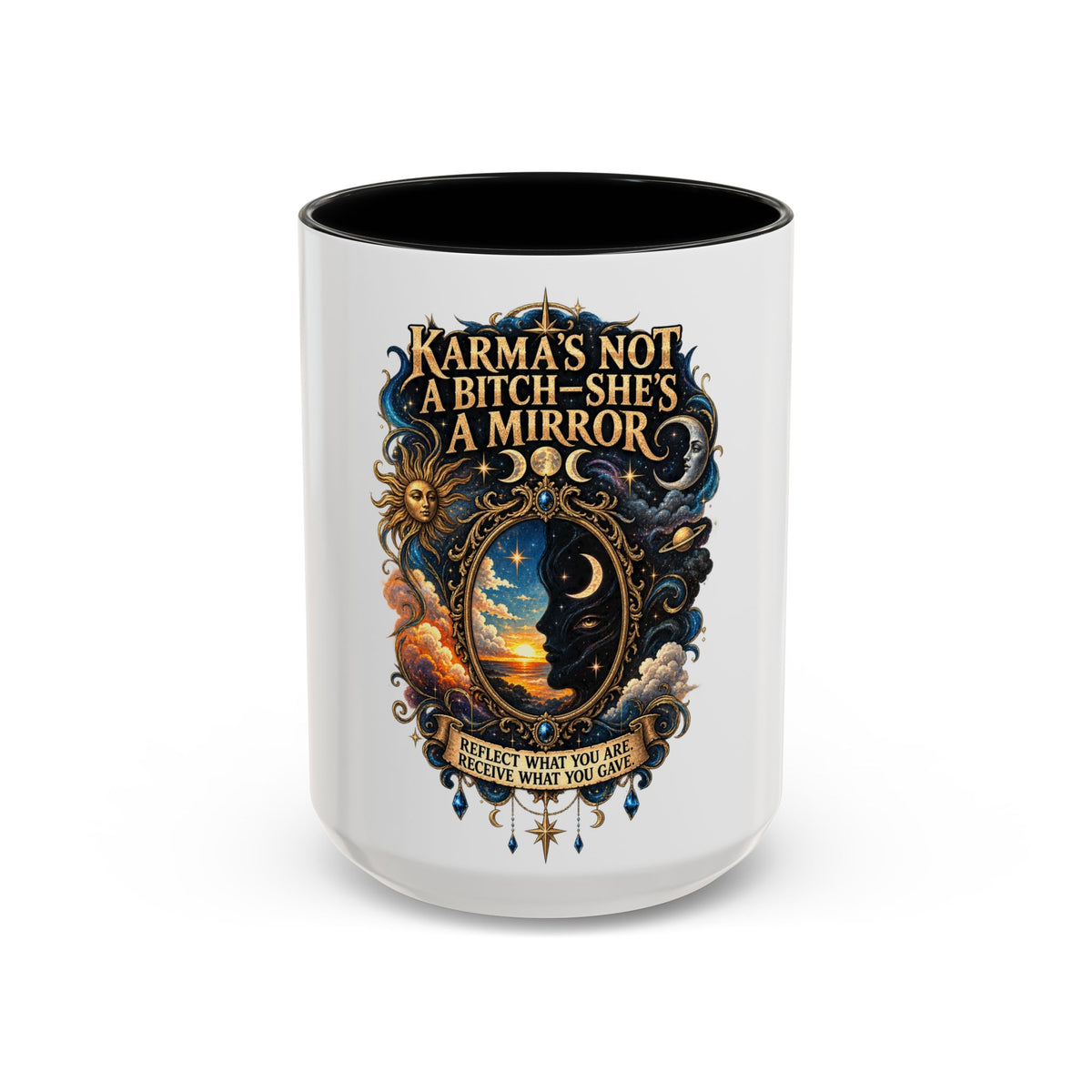 Coffee Mug — "Karma's Not a Bitch — She's a Mirror" Accent Ceramic Mug (11/15oz)