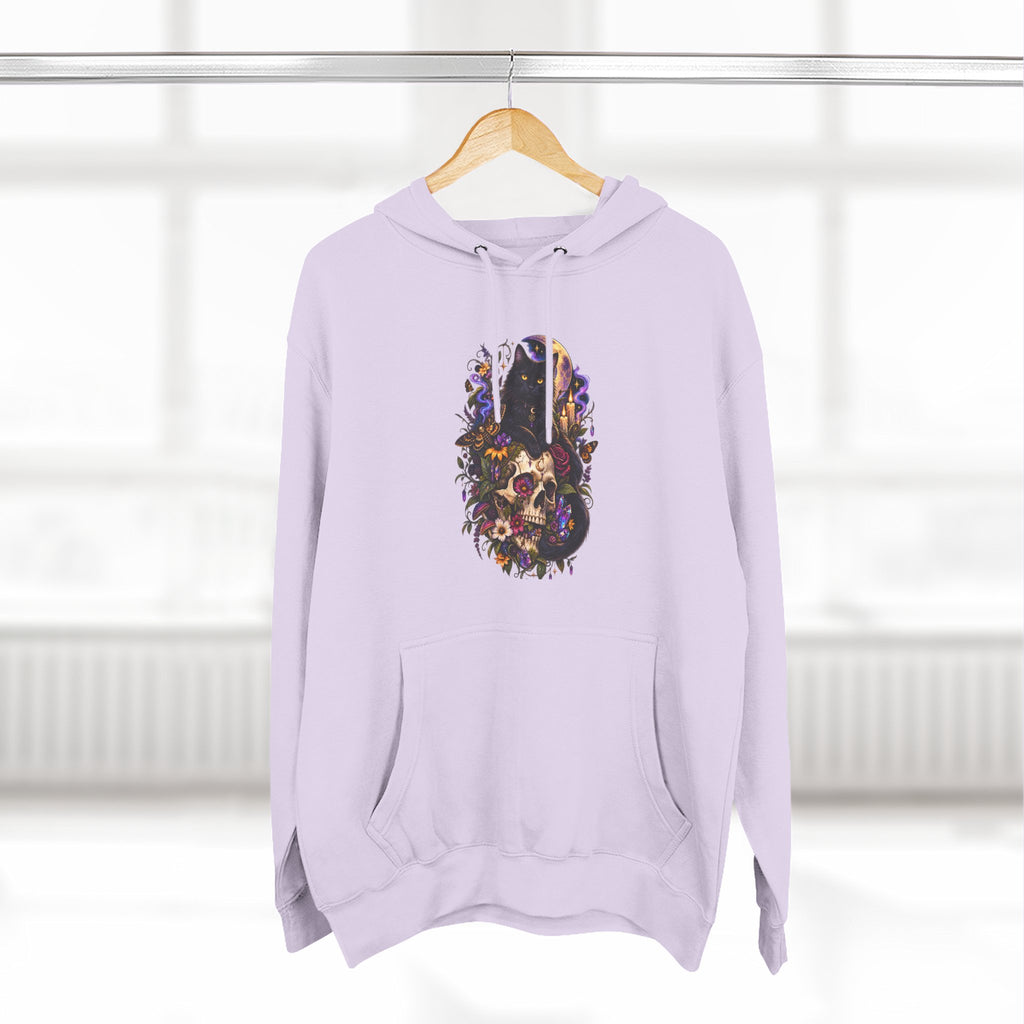 Skull Black Cat Hoodie — Romantic Gothic Floral Skull Graphic Fleece Pullover