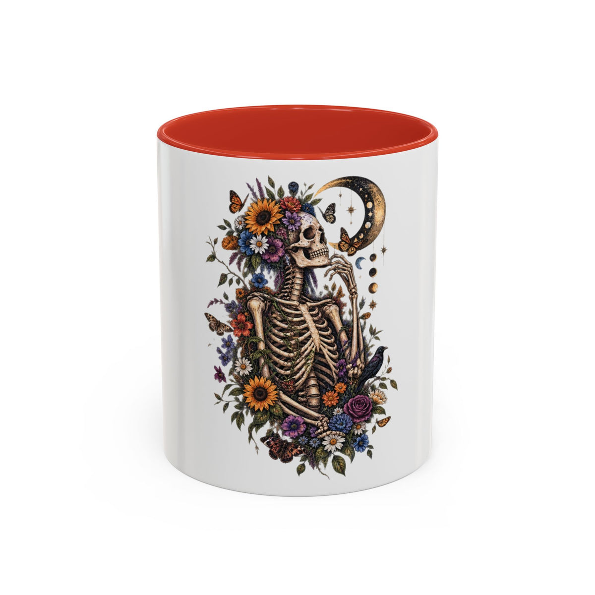 Skull & Moon Floral Coffee Mug — Gothic Botanical Accent Mug