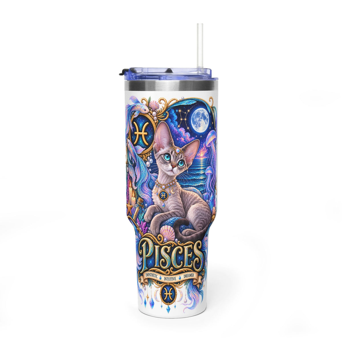 Pisces Devon Rex Cat 40oz Tumbler — Zodiac Vacuum Insulated Travel Cup