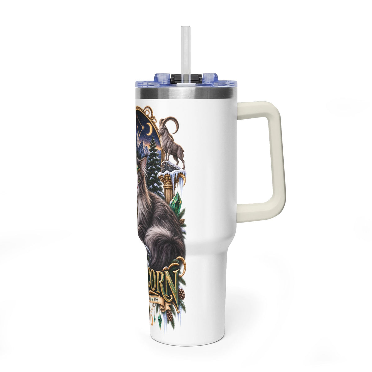 Capricorn Norwegian Forest Cat 40oz Vacuum Tumbler — Zodiac Travel Mug with Handle