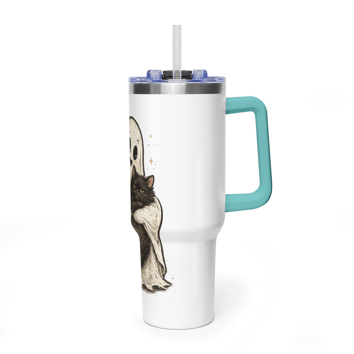 40oz Tumbler — Cute Ghost Hugging Black Cat Thermal Cup