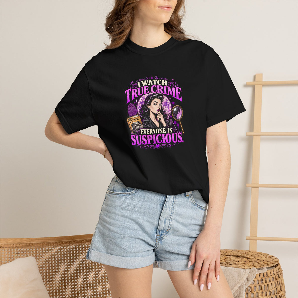 True Crime T-Shirt — "I Watch True Crime, Everyone Is Suspicious" Graphic Tee