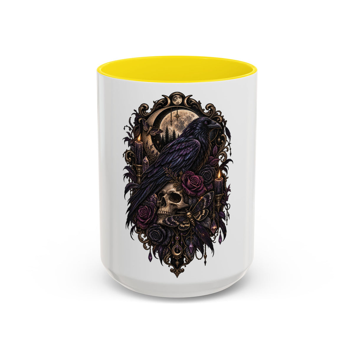 Gothic Raven & Skull Accent Coffee Mug — Dark Floral Occult Tea Cup