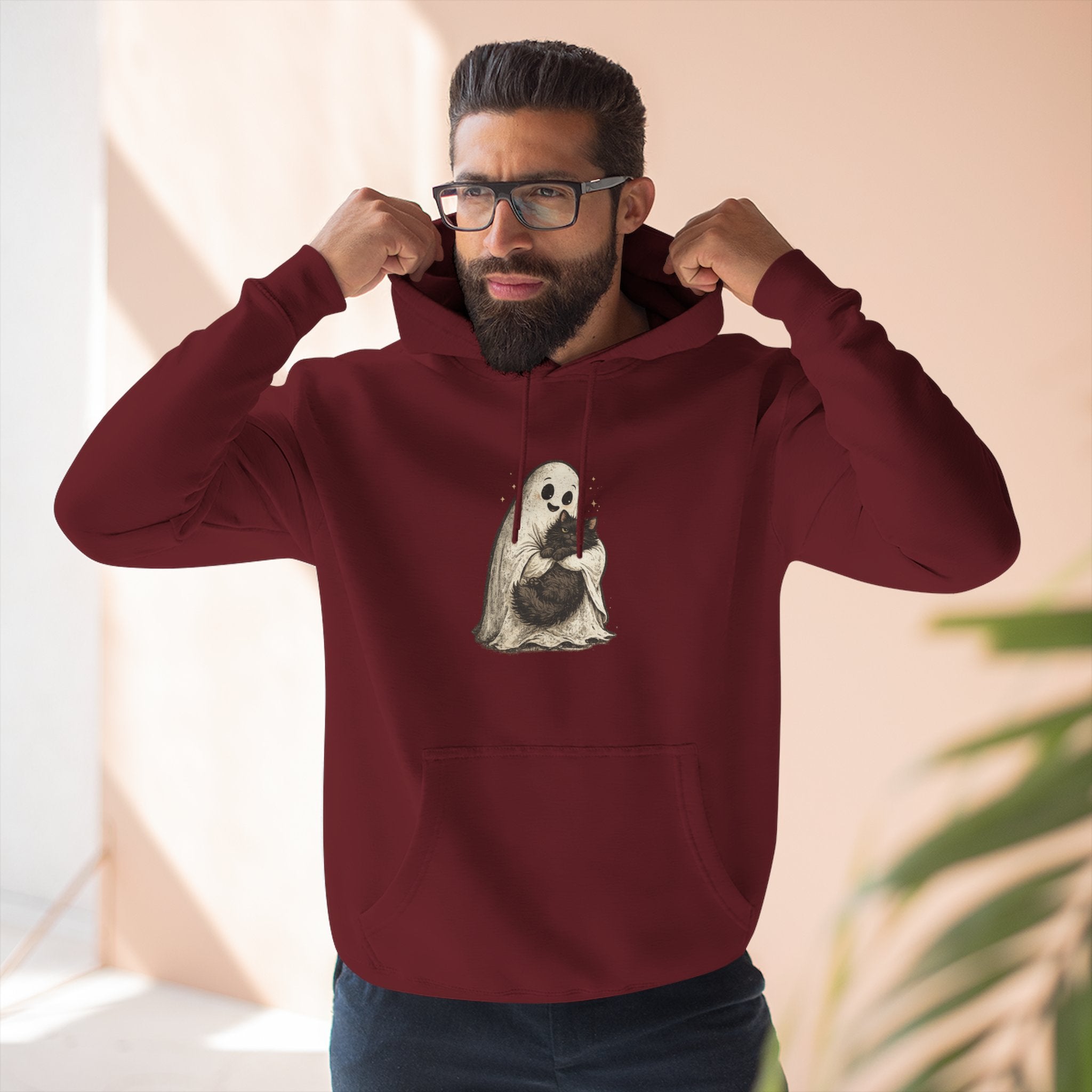 Boo & Meow Ghost Hugging Black Cat hoodie | Cute Spooky Tee Fleece Pullover