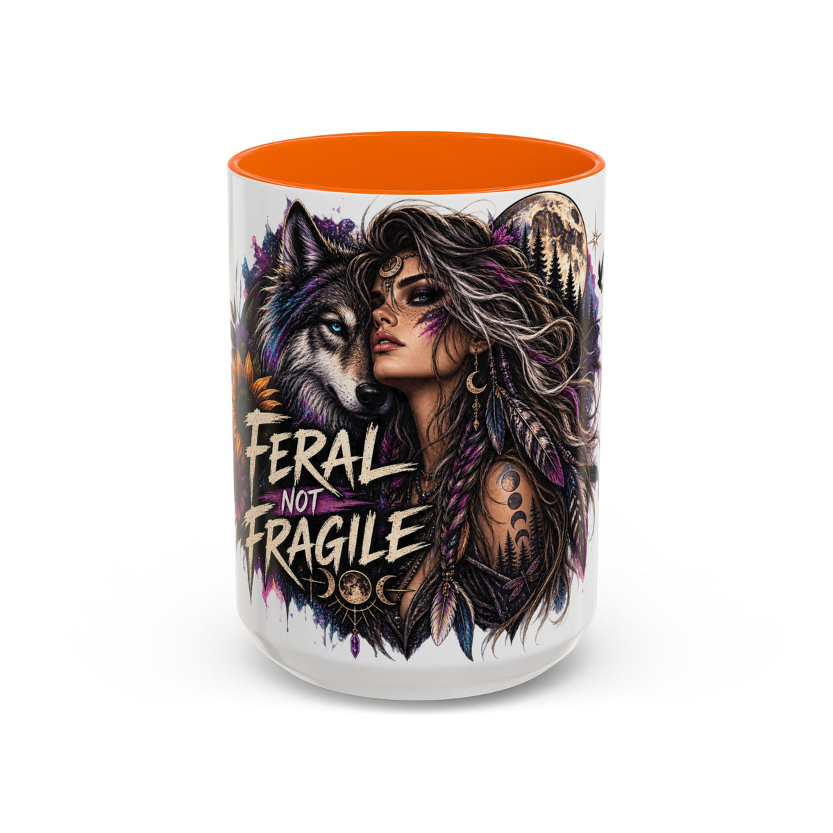 Feral Not Fragile Accent Coffee Mug — Wolf Goddess 11oz/15oz