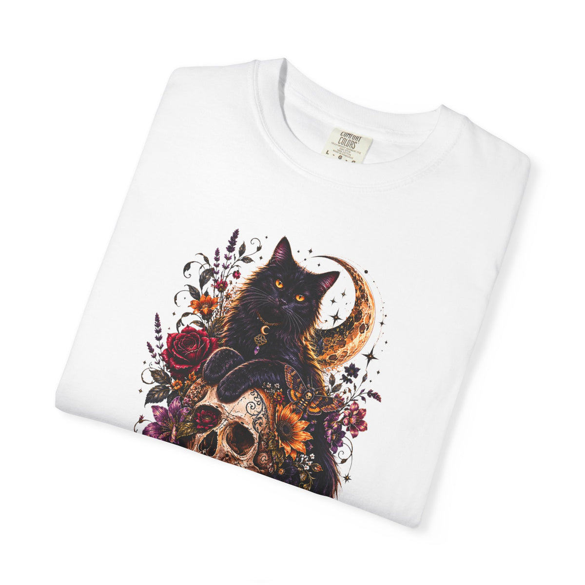 Cat & Skull Gothic T-Shirt — Black Cat Moon Floral Graphic Tee