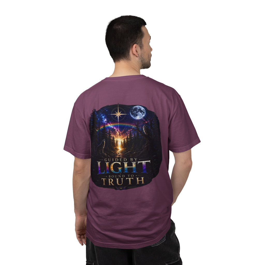 T-Shirt — "Guided by Light, Bound to Truth" Cosmic Forest Graphic