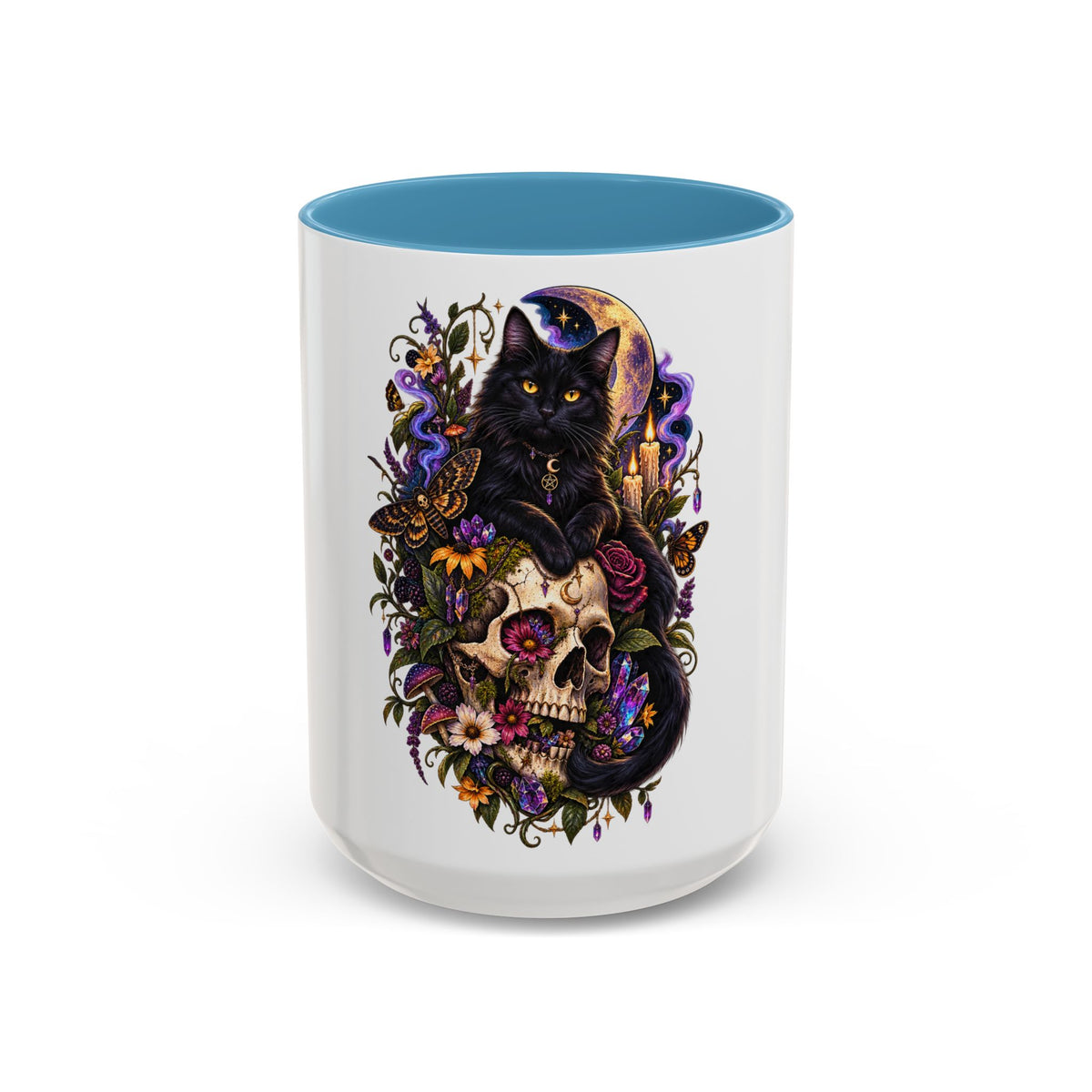 Black Cat & Skull Floral Accent Coffee Mug — Gothic Halloween Coffee Cup (11/15oz)