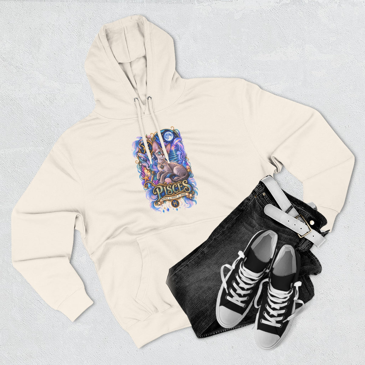 Pisces Zodiac Devon Rex Cat Hoodie — Mystical Watercolor Fish Astrology Pullover