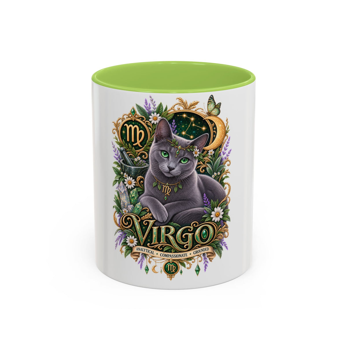 Virgo Russian Blue Cat Accent Coffee Mug — Zodiac Astrology Horoscope Gift (11/15 oz)