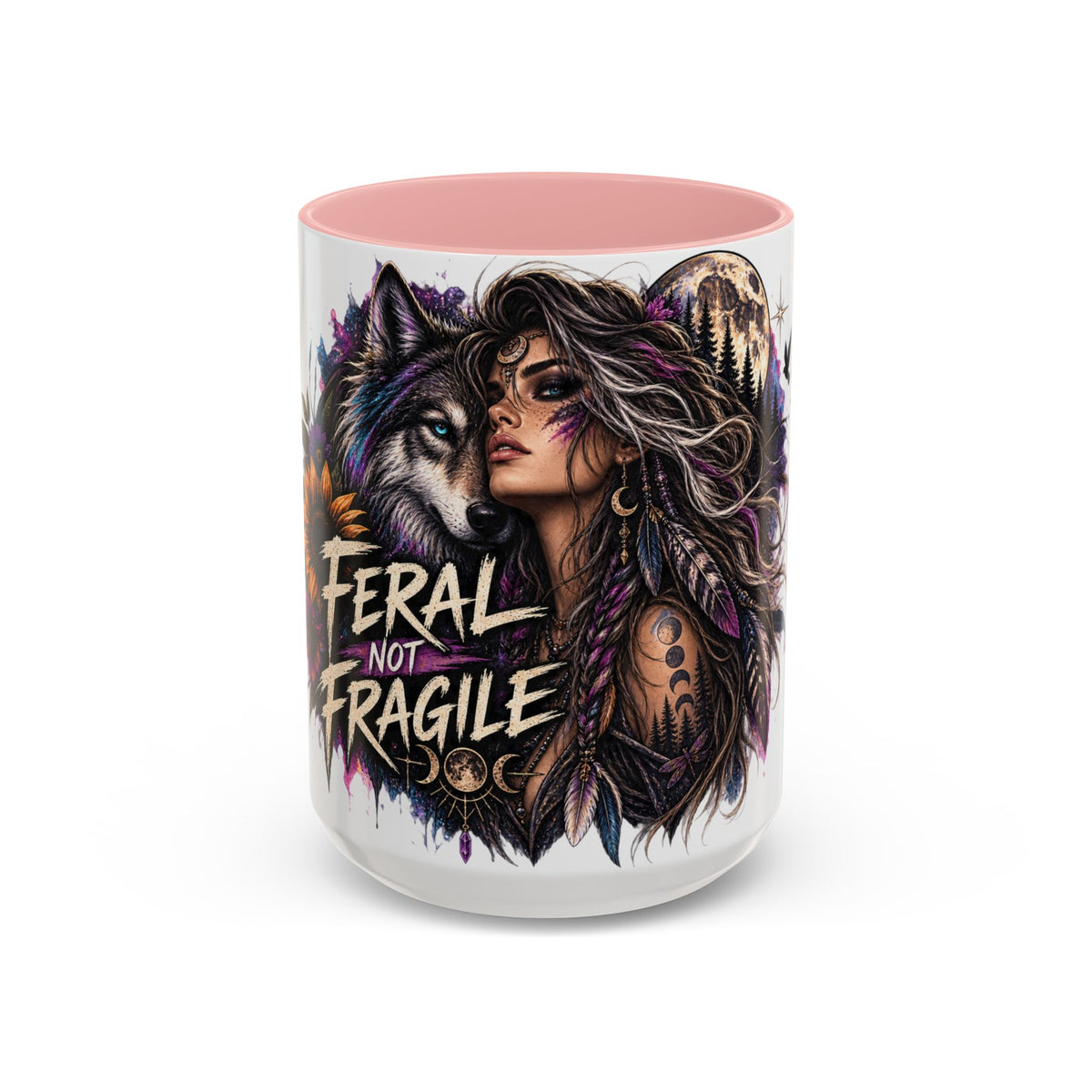 Feral Not Fragile Accent Coffee Mug — Wolf Goddess 11oz/15oz