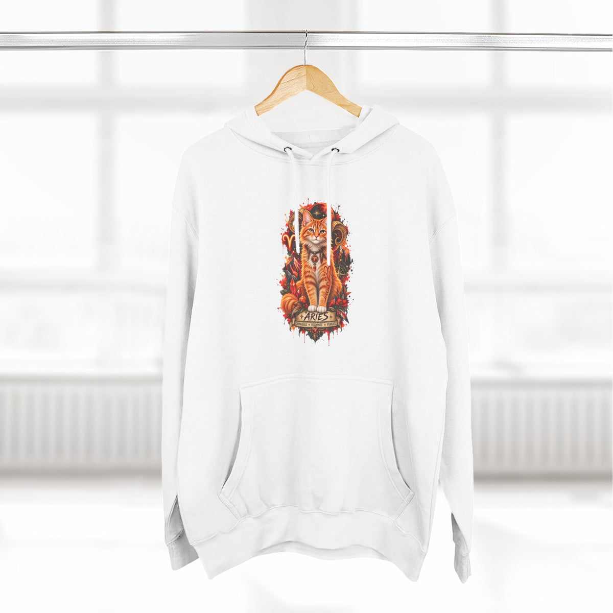 Aries Tabby Cat Zodiac Hoodie — Zodiac Constellation Graphic Fleece Pullover