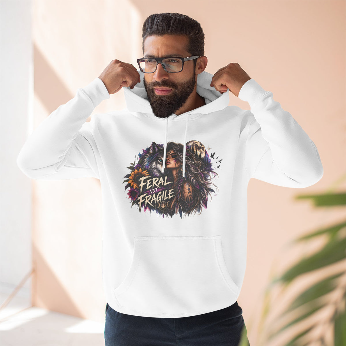 Feral Not Fragile Wolf & Woman Graphic Hoodie — Wildlife Fleece Pullover