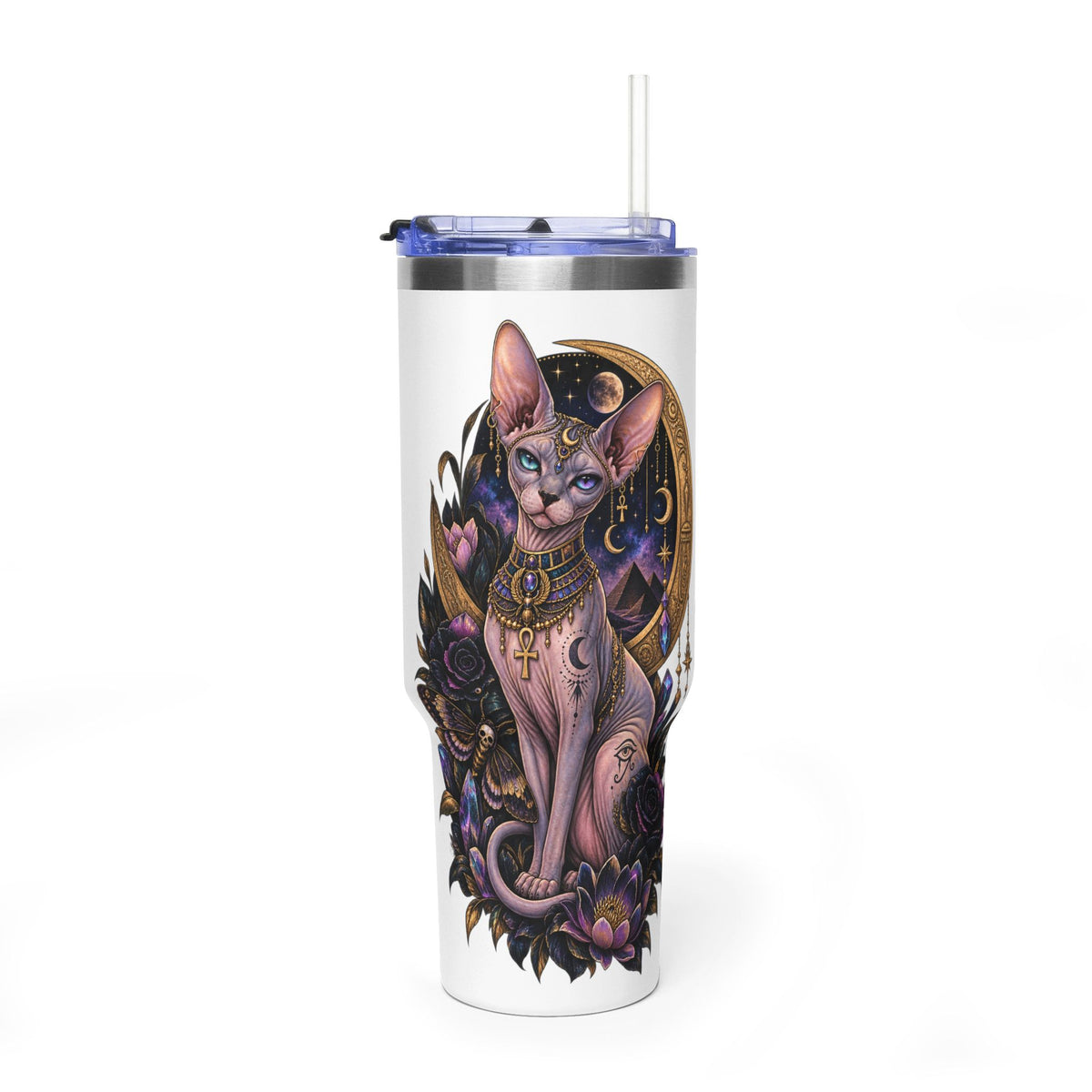 40oz Sphynx Cat Tumbler — Mystical Moon Vacuum Insulated Travel Mug