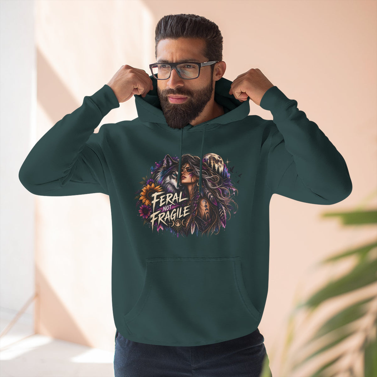 Feral Not Fragile Wolf & Woman Graphic Hoodie — Wildlife Fleece Pullover