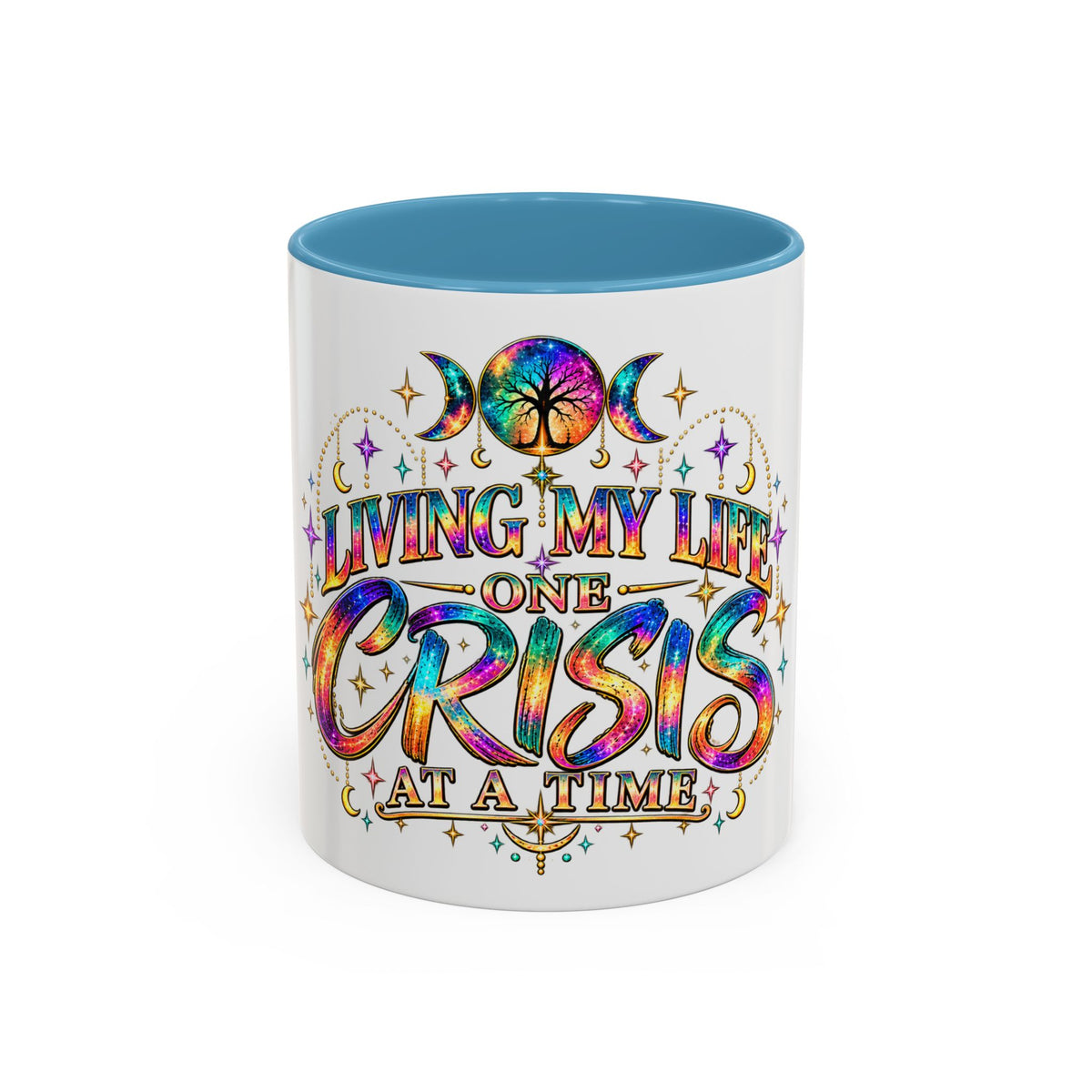 Coffee Mug — "Living My Life One Crisis at a Time" Colorful Boho Accent Mug (11/15oz)