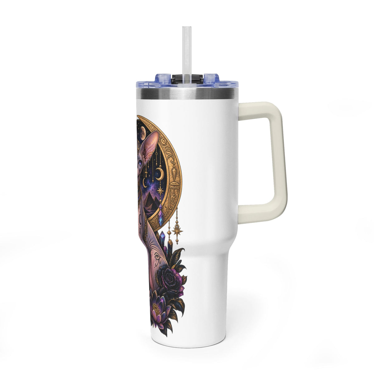 40oz Sphynx Cat Tumbler — Mystical Moon Vacuum Insulated Travel Mug