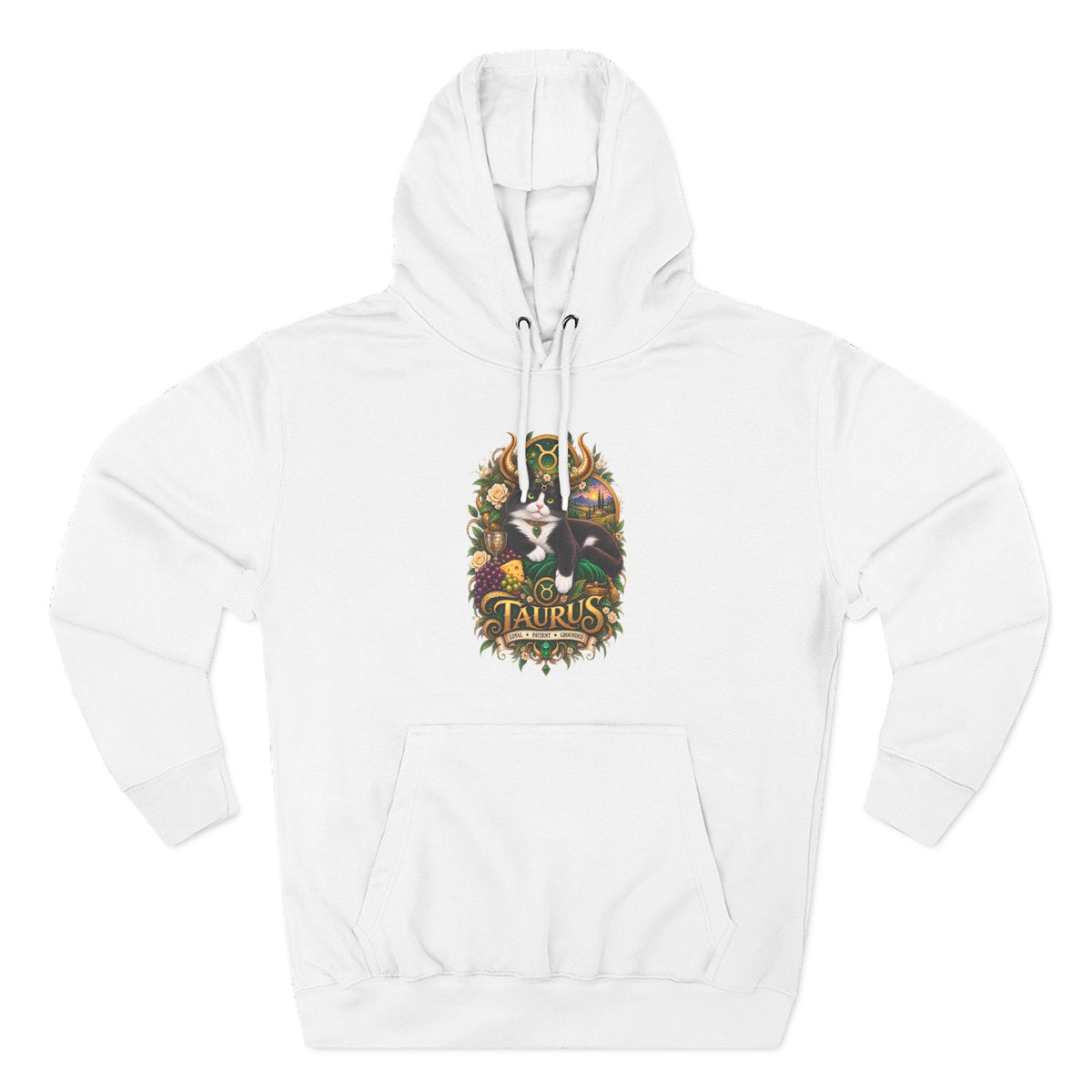 Taurus Tuxedo Cat Zodiac Hoodie — Earthy Bull Constellation Graphic Fleece Pullover
