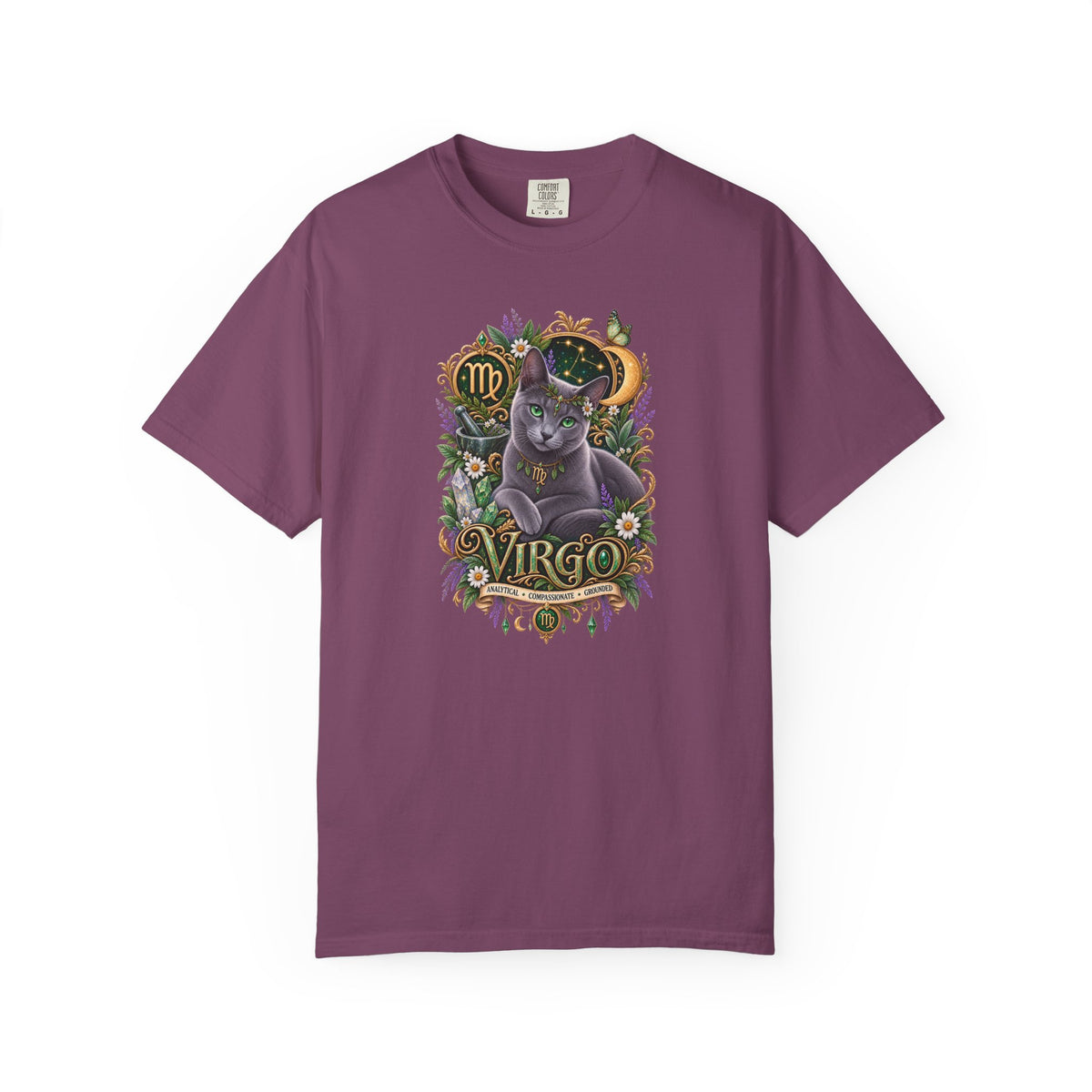 Virgo Cat Zodiac T-Shirt — Virgo Astrology Tee with Russian Blue & Floral Design