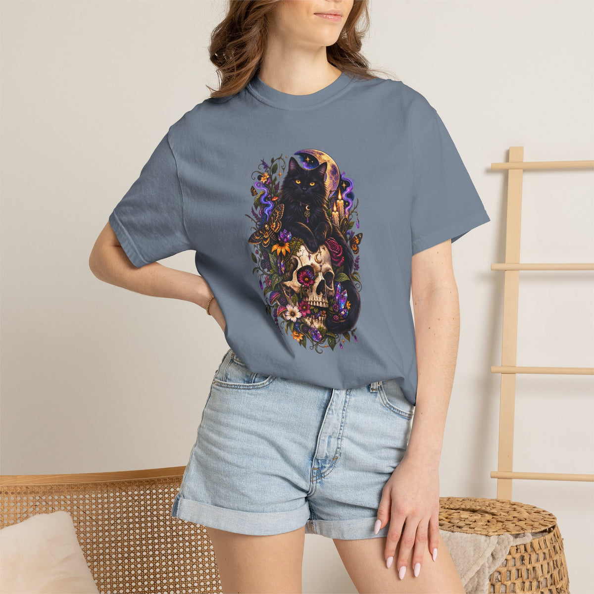 Skull & Black Cat Gothic T-Shirt — Dark Floral Day of the Dead Style