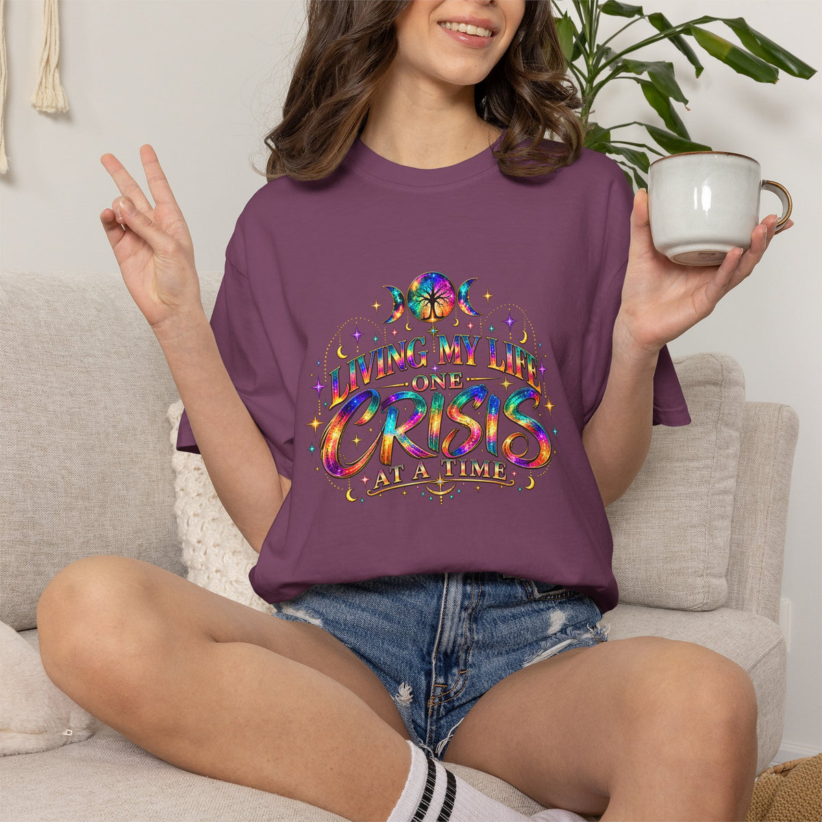 Graphic T-Shirt — "Living My Life One Crisis at a Time" Colorful Retro Tee