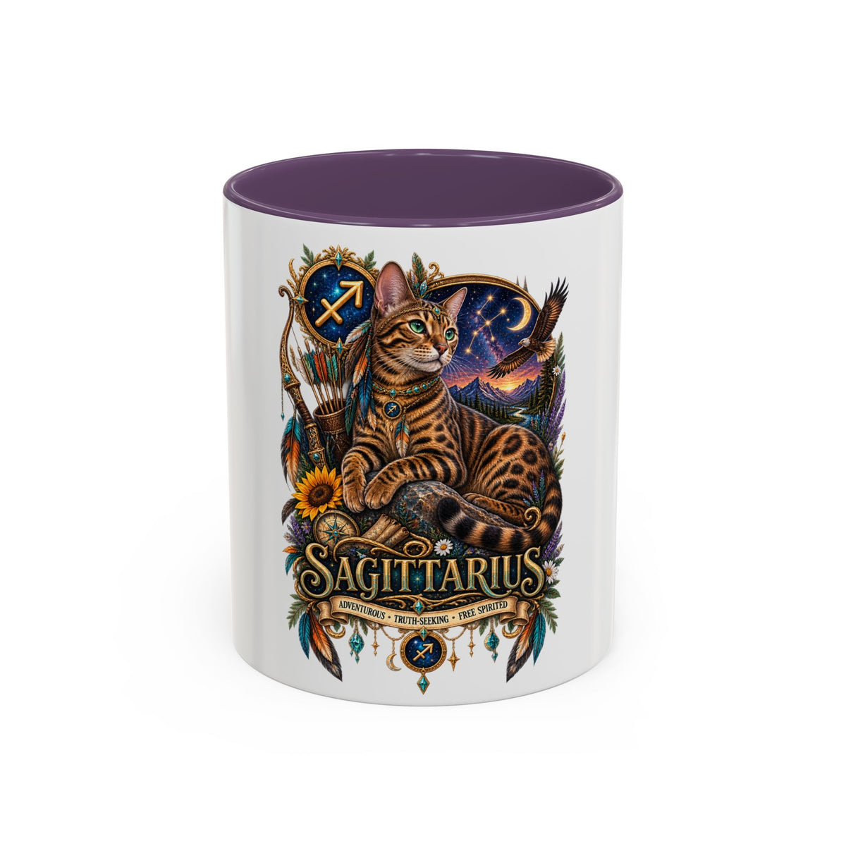 Sagittarius Bengal Cat Zodiac Coffee Mug — Cat Archer Astrology Accent Mug (11/15oz)