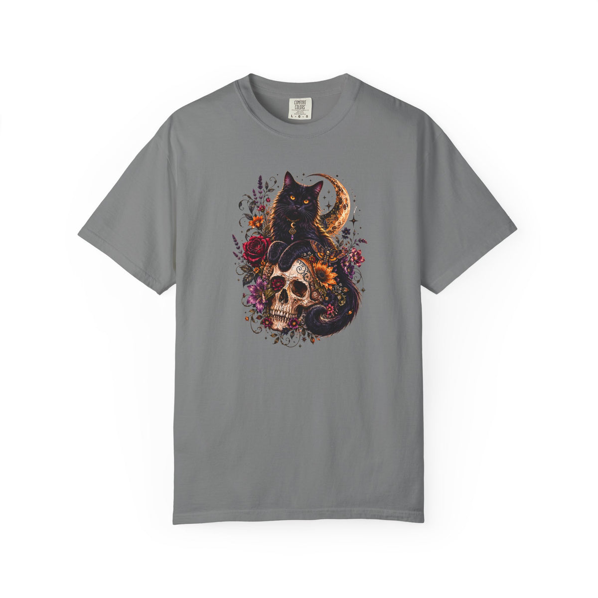 Cat & Skull Gothic T-Shirt — Black Cat Moon Floral Graphic Tee