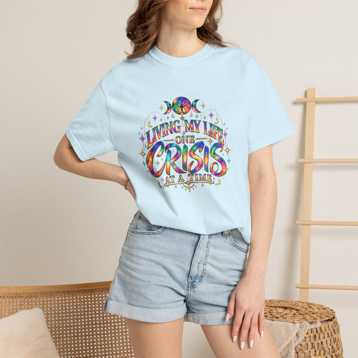 Graphic T-Shirt — "Living My Life One Crisis at a Time" Colorful Retro Tee