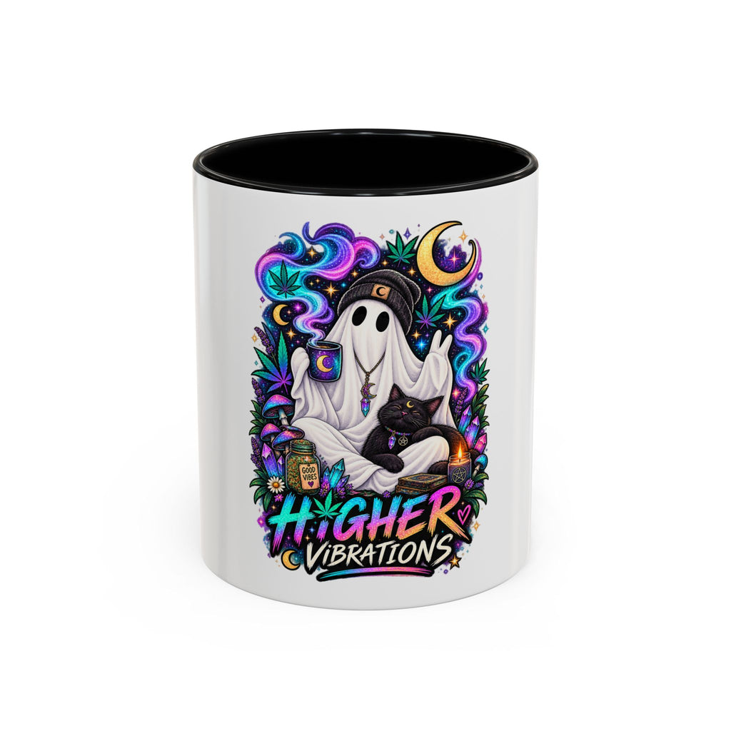 Higher Vibrations Coffee Mug — Cute Ghost & Cat Accent Mug (11/15 oz)