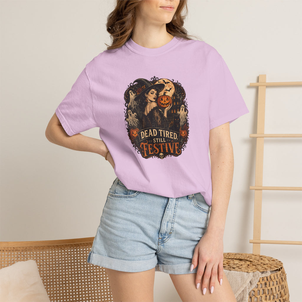 Halloween Graphic T-Shirt — "Dead Tired but Festive" Vintage Horror Pumpkin Tee