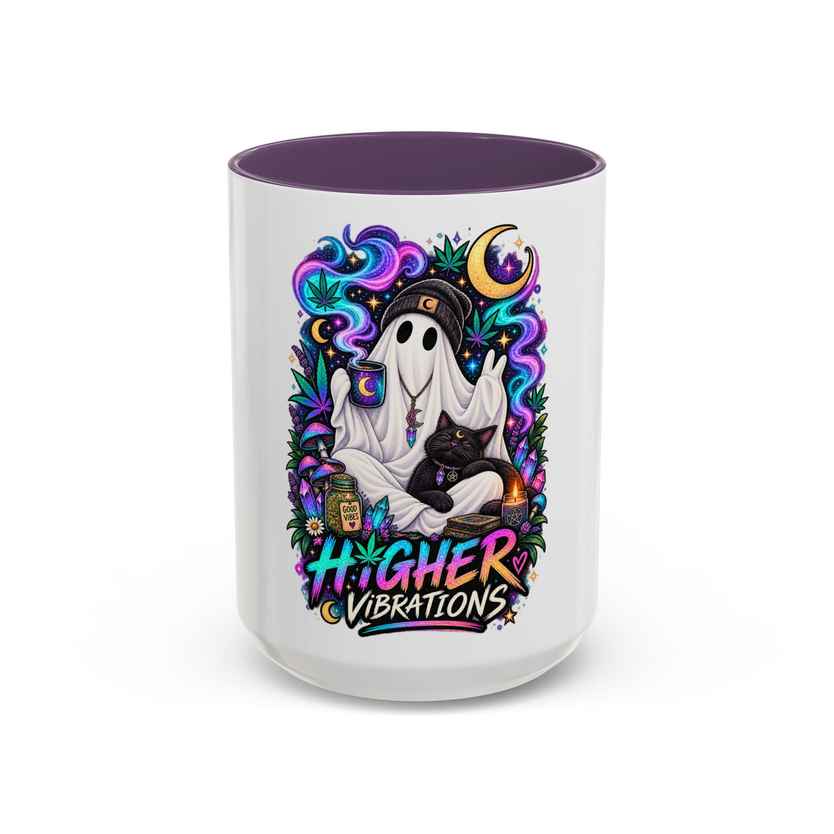 Higher Vibrations Coffee Mug — Cute Ghost & Cat Accent Mug (11/15 oz)