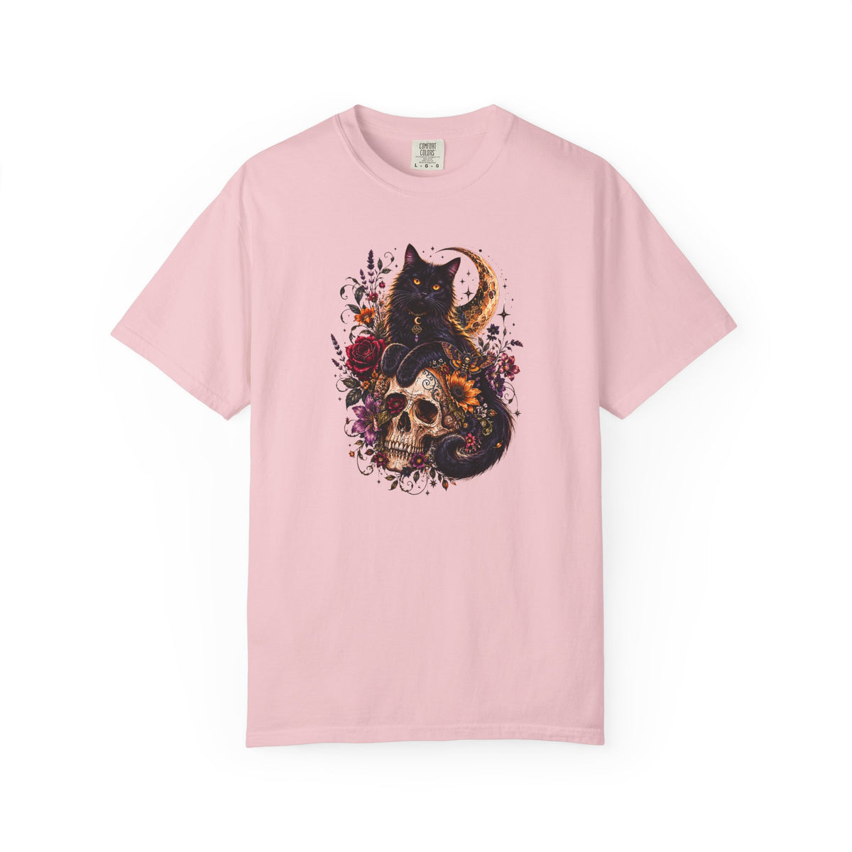 Cat & Skull Gothic T-Shirt — Black Cat Moon Floral Graphic Tee