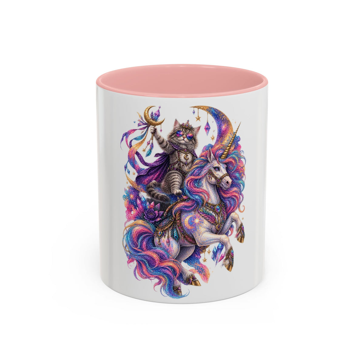 Magical Cat Knight on Unicorn Accent Coffee Mug — Colorful Fantasy 11/15oz